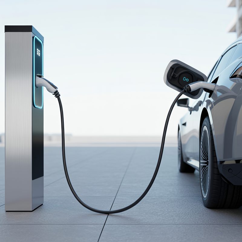 Borne de recharge sur pied moderne reliée à une voiture électrique grise en extérieur.