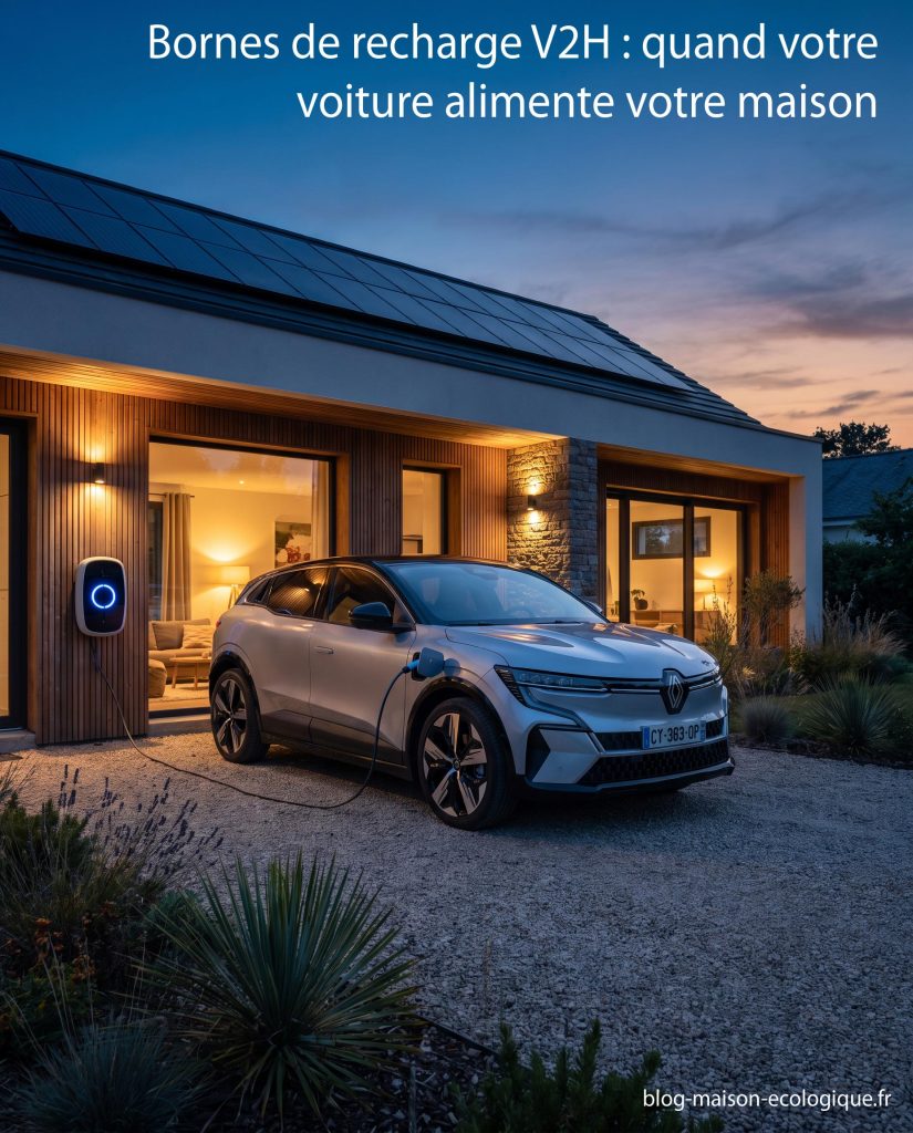 Borne de recharge bidirectionnelle V2H reliant une voiture électrique à une maison.